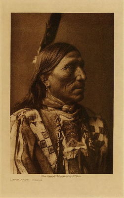 Edward S. Curtis -   Little Hawk - Brule - Vintage Photogravure - Volume, 12.5 x 9.5 inches - Photographed in 1907 by Edward S. Curtis, Little Hawk was a member of the Brule tribe.<br><br>The Brule tribe was a subset of the Lakota or Teton Sioux. Located in North and South Dakota or Montana. It was typical of the Siouan tribes for the men to part their hair down the middle as seen in this photo by Edward S. Curtis. This photogravure by Edward S. Curtis is from his 3rd volume and printed on Japon Vellum paper. This piece is available for sale in our Aspen Art Gallery.<br><br>Provenance: <br>Art Institute of Chicago, Ryerson & Burnham Library