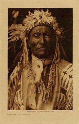 Edward S. Curtis -   Long Fox - Assiniboin - Vintage Photogravure - Volume, 12.5 x 9.5 inches - Born in 1827 near Fort Berthold, North Dakota. He joined a war-party against the Mandan, capturing three horses. On another expedition against the same people he received an arrow wound. Subsequently, in an attack on the Assiniboin by the Sioux, he killed one, and in another fight with them he counted a first coup. The Assiniboin met a war-party of Piegan, and he captured one. Long Fox led against the Sioux a war-party that captured seven horses. He never had a vision. He married at thirty.<br><br>Provenance: <br>Art Institute of Chicago, Ryerson & Burnham Library