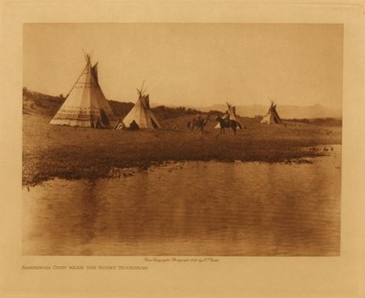 Edward S. Curtis -   Assiniboin Camp near the Rocky Mountains - Vintage Photogravure - Volume, 9.5 x 12.5 inches