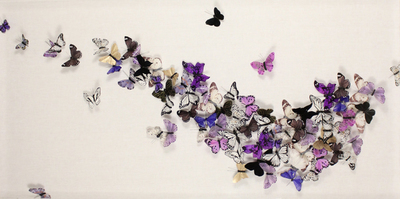 Juan Carlos Collada - In Search of the Blue Moon - Hand Dyed & Hand Painted Feather Butterflies - 30 x 60 inches