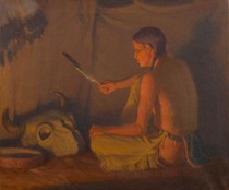  Title: Twilight Indian Brave , Date: 1910's-1920's , Size: 20 x 24 1/4 inches , Medium: Oil on Canvas , Signed: L/L
