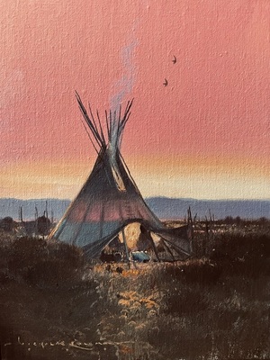  Title: Firelight Camp , Size: 12 x 9 inches , Medium: Oil on Panel , Signed: L/L