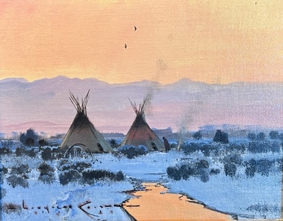  Title: River Camp Blackfoot , Size: 8 x 10 inches , Medium: Oil on Panel , Signed: L/L