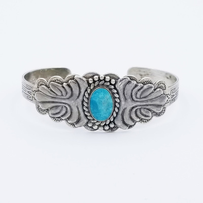 Old Pawn Jewelry - Bracelet: "Fred Harvey" Single Circle Turquoise - Sterling Silver/Turquoise