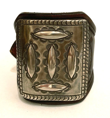  Title: Bracelet: Large Silver Ketoh Mounted on Hand Stamped Vintage French Bridle Leather , Size: 2.50 x 2.5 Inches , Medium: Sterling Silver
