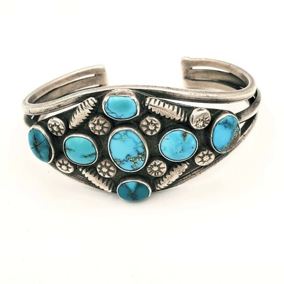 Old Pawn Jewelry - Bracelet: Vintage 7 Stone Navajo Cluster - Sterling Silver/Turquoise