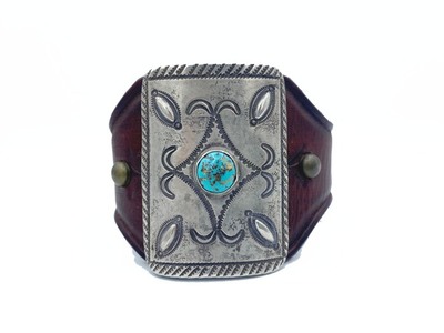  Title: Bracelet: Small Silver and Turquoise Ketoh w/ Round Stone , Medium: Leather and Sterling Silver