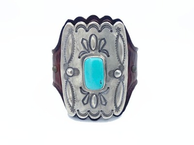  Title: Bracelet: Small Silver and Turquoise Ketoh w/ Rectangle Stone , Medium: Leather and Sterling Silver