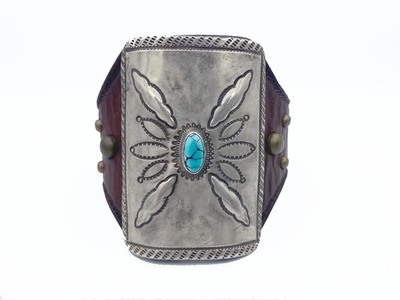  Title: Bracelet: Small Silver and Turquoise Ketoh w/ Oval Stone , Medium: Leather and Sterling Silver