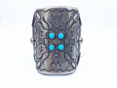  Title: Bracelet: Large Silver and Turquoise Ketoh w/ 4 Stones , Medium: Leather and Sterling Silver