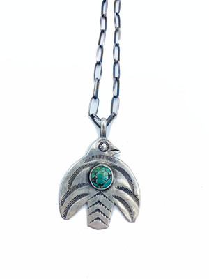  Title: Necklace: Silver Thunderbird w/ Turquoise Stone , Size: 1 1/2 x 1 1/2 inches , Medium: Sterling Silver