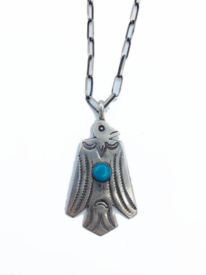  Title: Necklace: Silver Thunderbird Long w/ Turquoise Stone , Size: 2 x 1 1/4 inches , Medium: Sterling Silver