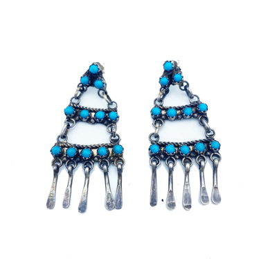 Old Pawn Jewelry - Earrings: Two Tier Zuni Silver and Turquoise - Sterling Silver