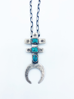  Title: Necklace: 3 Stone Silver and Turquoise Pueblo Cross Pendant , Size: 24 inch chain , Medium: Sterling Silver