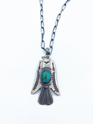  Title: Necklace: Large Silver and Turquoise Thunderbird Pendant , Size: 24 inch chain , Medium: Sterling Silver