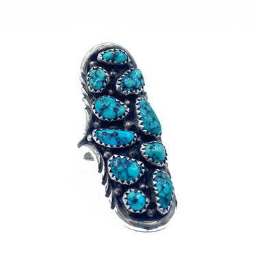Old Pawn Jewelry - Ring: 10 Stone Navajo Silver and Turquoise Cluster - Sterling Silver - 6