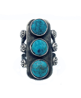 Old Pawn Jewelry - Ring: Men's Large 3 Stone Silver Turquoise Navajo Ring - Sterling Silver - 11
