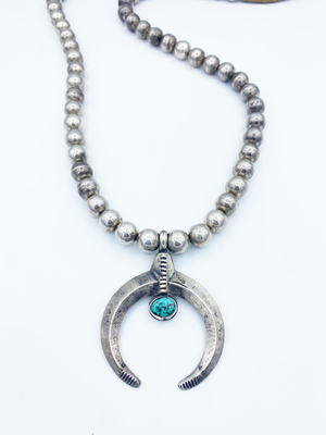  Title: Necklace: Navajo Silver Pearls with Silver and Turquoise Naja , Medium: Sterling Silver