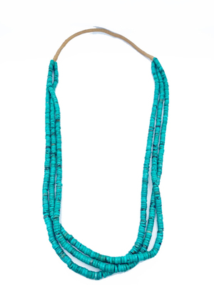  Title: Necklace: Darker Blue-Green Santo Domingo 3-Strand Turquoise Heishi with Squaq Wrap , Medium: Turquoise