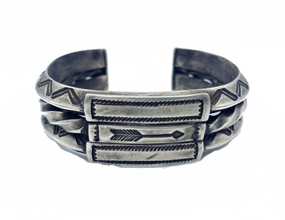 Old Pawn Jewelry - Bracelet: Heavy Ingot Silver with Arrow Stamps - Sterling Silver - 6 3/4 inches