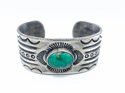 Old Pawn Jewelry - *10% OFF OPPORTUNITY* Ingot Silver and Turquoise Heavy Stamped Cuff - Sterling Silver
