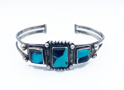 Old Pawn Jewelry - Bracelet: Vintage Navajo Silver and Turquoise 3 Stone - Sterling Silver