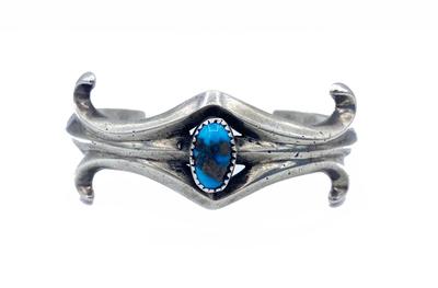 Old Pawn Jewelry - Bracelet: Beautiful Vintage Navajo Silver and Turquoise Sandcast - Sterling Silver