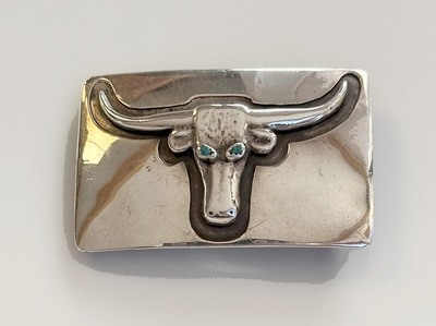 Old Pawn Jewelry - Vintage Navajo Sterling Silver Steerhead Buckle with Turquoise Eyes