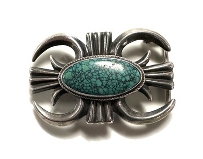  Title: Vintage Navajo Sandcast Silver Buckle with Spiderweb Turquoise Stone