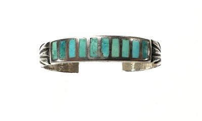  Title: Vintage Zuni Silver and Turquoise Channel Inlay Bracelet