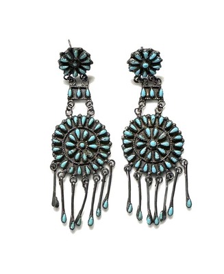 Old Pawn Jewelry - Zuni Silver and Turquoise Round Cluster Earrings with Silver and Turquoise Dangles
