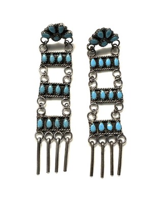  Title: Three Tier Zuni Silver and Turquoise Chandelier Earrings with Silver Dangles