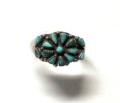  Title: Vintage 1930's Zuni Silver and Turquoise Cluster Ring