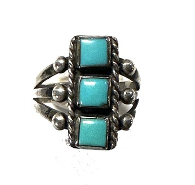  Title: Vintage Navajo Three Square Stone and Stamped Ring