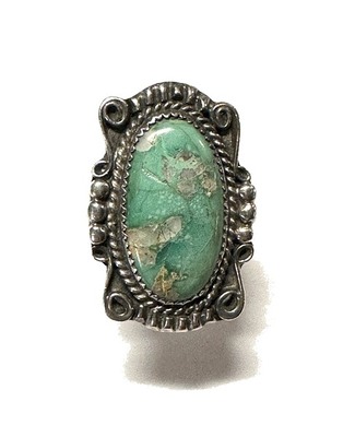  Title: Large Vintage Navajo Silver and Oval Turquoise Ring
