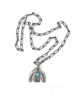 Old Pawn Jewelry - Small Silver and Turquoise Thunderbird on Silver Link Chain - 24 inches