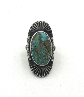 Old Pawn Jewelry - Unusual Vintage Navajo Silver and Turquoise Ring - Size 5