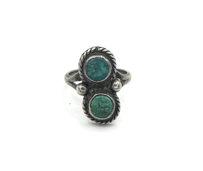 Old Pawn Jewelry - Classic Double Green Turquoise and Silver Navajo Ring - Size 7