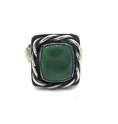 Old Pawn Jewelry - Vintage Navajo Square Green Turquoise Stone - Size 10 1/2