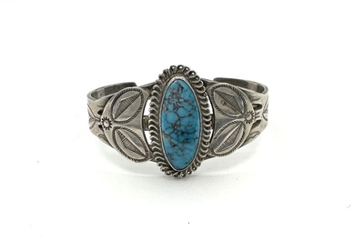 Old Pawn Jewelry - Vintage Navajo Oval Turquoise Stamped Silver Bracelet