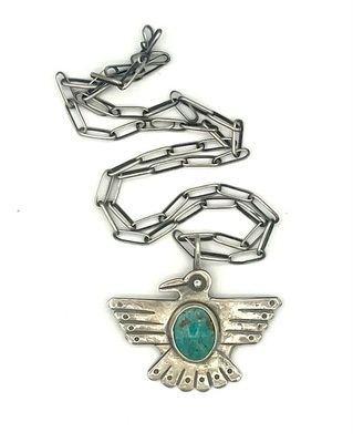 Old Pawn Jewelry - *25% OFF OPPORTUNITY* Handmade Silver and Turquoise Thunderbird Pendant on Silver Link Chain - 24 inches