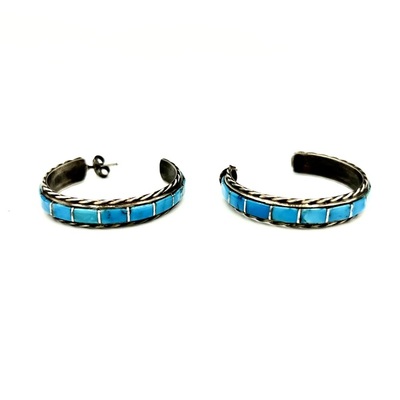 Old Pawn Jewelry - *10% OFF OPPORTUNITY* Silver and Turquoise Channel Inlay Hoop Earrings