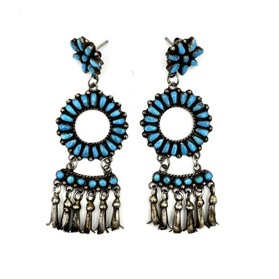 Old Pawn Jewelry - *10% OFF OPPORTUNITY* Zuni Silver and Turquoise Circle Cluster Earrings with Squash Blossom Dangles