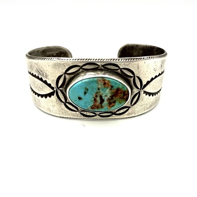 Old Pawn Jewelry - Ingot Silver and Oval Turquoise Cuff
