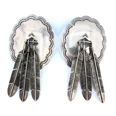 Old Pawn Jewelry - * 50% OFF * Earrings: Sterling Concho w/ Feathers - Sterling Silver