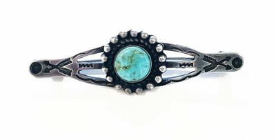  Title: * 25% OFF * Pin: Round Turquoise w/ Arrow Design , Medium: Sterling Silver , Edition: Vintage