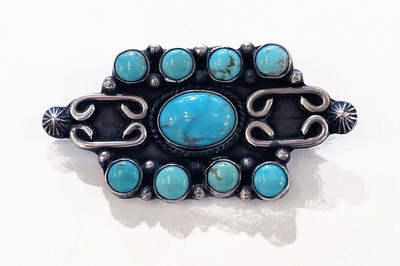 Old Pawn Jewelry - * 25% OFF * Pin: Beautiful Early w/ Nine Turquoise - Sterling Silver