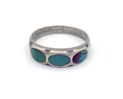  Title: Ring: Southwest Turquoise Row , Size: 7 3/4 , Medium: Sterling Silver