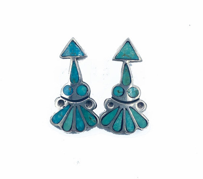  Title: * 25% OFF * Navajo Turquoise Earrings , Date: 1950 , Size: 1 1/8 L , Medium: Sterling Silver