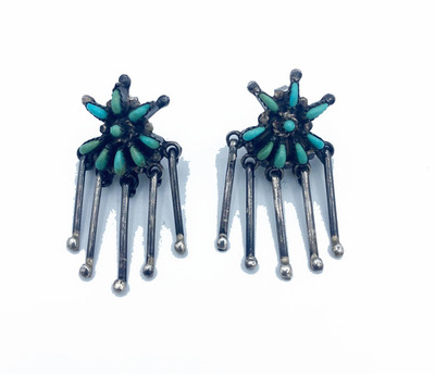  Title: Earrings: Zuni Needle Point Star Design w/ Dangles , Size: 1 1/4 x 3/4 inches , Medium: Sterling Silver
